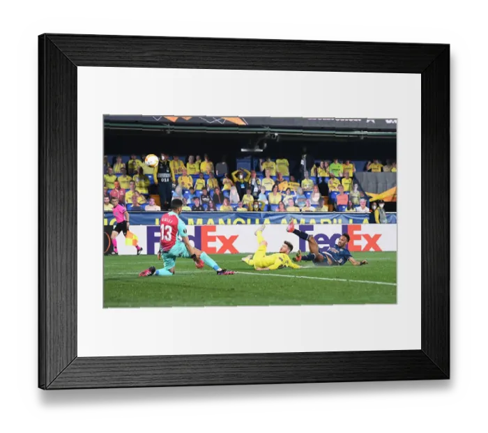 Framed Print : Aubameyang's Saved Shot: Arsenal vs. Villarreal, UEFA Europa League Semi-Final Leg One (Behind Closed Doors) Framed Print : Aubameyang's Saved Shot: Arsenal vs. Villarreal, UEFA Europa League Semi-Final Leg One (Behind Closed Doors)