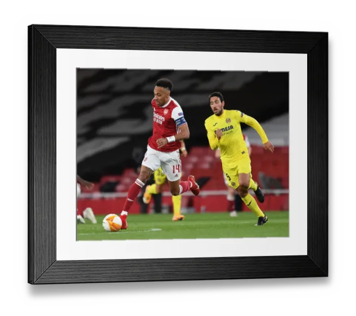 Framed Print : Arsenal's Aubameyang Clashes with Parejo in Empty Europa League Semi-Final