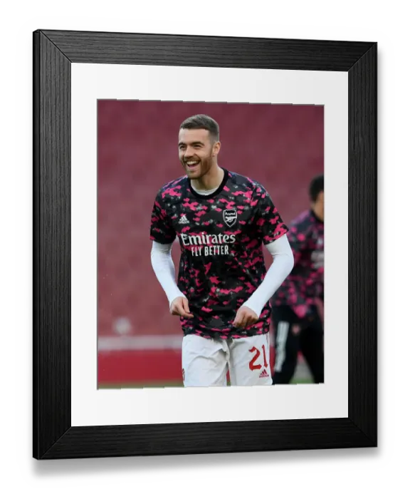 Framed Print : Arsenal's Calum Chambers at Empty Emirates Stadium - Arsenal v Villarreal UEFA Europa League Semi-Final