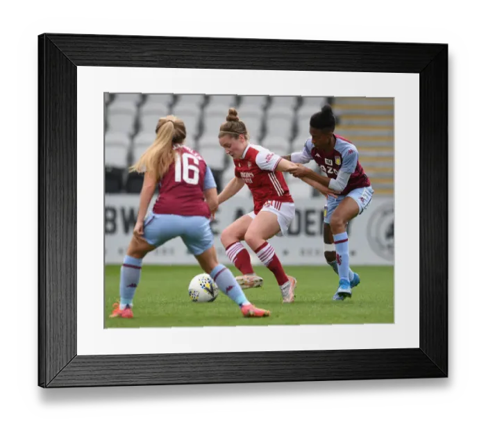 Framed Print : BOREHAMWOOD, ENGLAND - MAY 09: Kim Little of Arsenal holds off Elisha N Dow of Villa during the Barclays FA Womens Framed Print : BOREHAMWOOD, ENGLAND - MAY 09: Kim Little of Arsenal holds off Elisha N Dow of Villa during the Barclays FA Womens