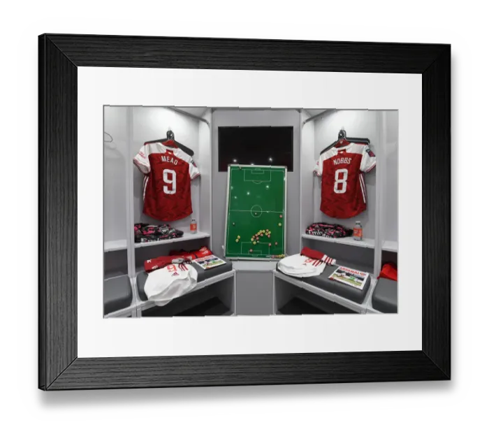 Framed Print : Arsenal Women Prepare for Aston Villa Clash in Empty Meadow Park Dressing Room