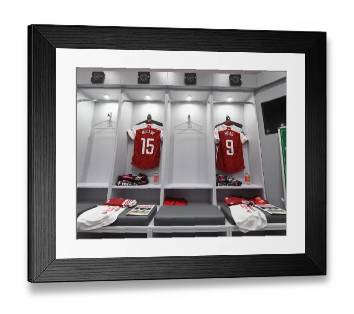 Framed Print : Arsenal Women Prepare for Aston Villa Match in Empty Meadow Park Dressing Room Framed Print : Arsenal Women Prepare for Aston Villa Match in Empty Meadow Park Dressing Room