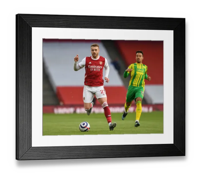 Framed Print : Arsenal's Calum Chambers in Action at Emptied-Out Emirates Stadium vs. West Bromwich Albion (2020-21)
