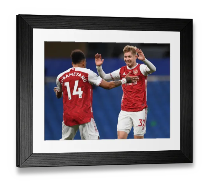 Framed Print : Emile Smith Rowe and Pierre-Emerick Aubameyang Celebrate Goal: Chelsea vs. Arsenal, Premier League 2020-21