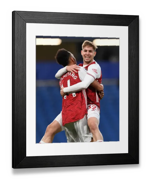 Framed Print : Smith Rowe and Aubameyang's Empty Netter: Arsenal's Thrilling Goal at Stamford Bridge, Premier League 2020-21