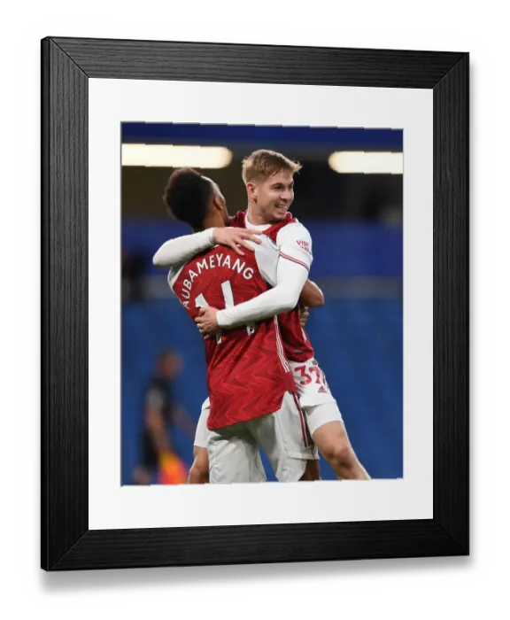 Framed Print : Smith Rowe and Aubameyang Celebrate Goal: Chelsea vs. Arsenal, 2021-22 Premier League