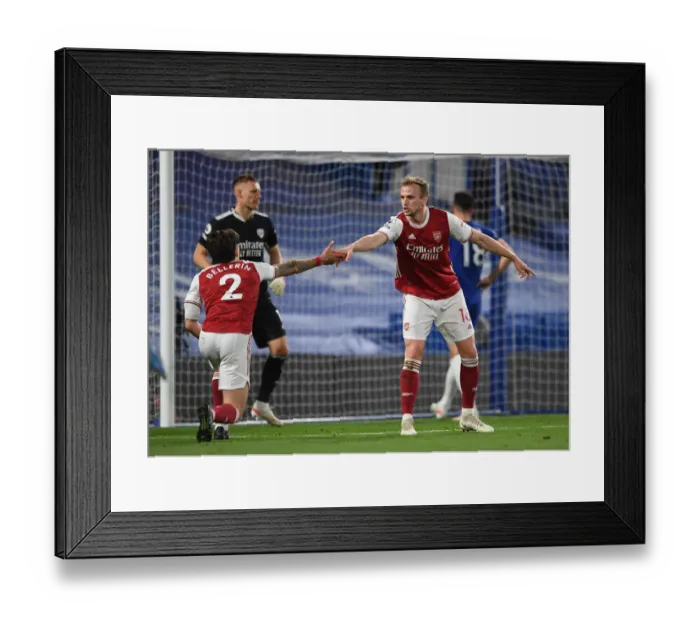 Framed Print : Arsenal's Bellerin and Holding Share a Moment Amidst Empty Stamford Bridge: Chelsea vs. Arsenal, 2021-22 Premier League