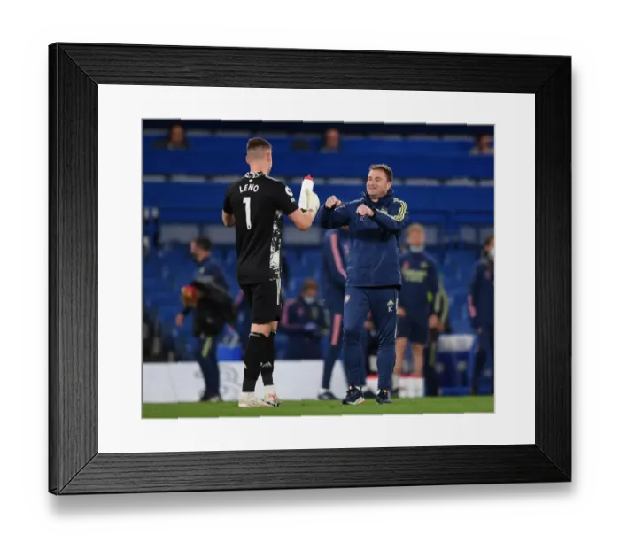 Framed Print : Arsenal's Bernd Leno Fist Bumps Goalkeeping Coach After Chelsea Match (2020-21)