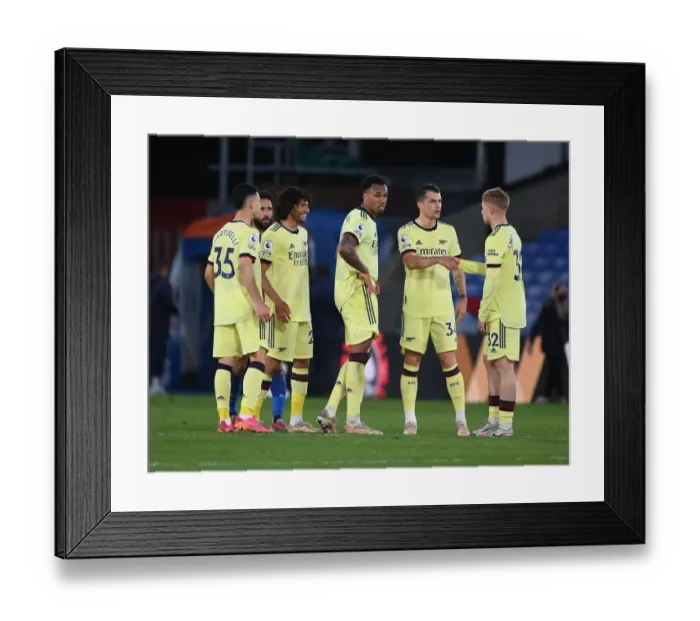 Framed Print : Arsenal's Gabriel, Xhaka, and Smith Rowe Celebrate Victory over Crystal Palace (May 2021)