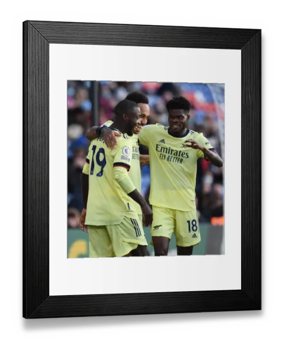 Framed Print : Pepe, Aubameyang, and Partey: Celebrating a Goal for Arsenal against Crystal Palace (2020-21) Framed Print : Pepe, Aubameyang, and Partey: Celebrating a Goal for Arsenal against Crystal Palace (2020-21)