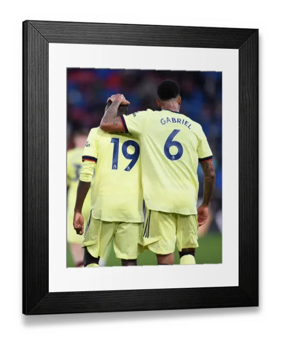 Framed Print : Gabriel Magalhaes and Nicolas Pepe Celebrate Arsenal's Third Goal vs Crystal Palace (May 2021)