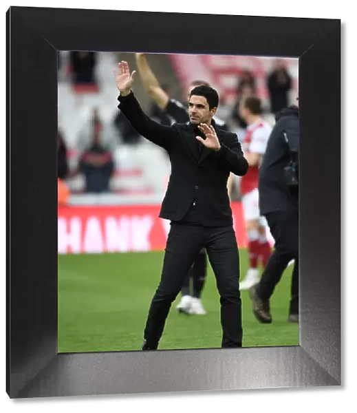 Arsenal Manager Mikel Arteta Celebrates with Fans after Arsenal vs Brighton & Hove Albion in Premier League Amidst Eased Coronavirus Restrictions