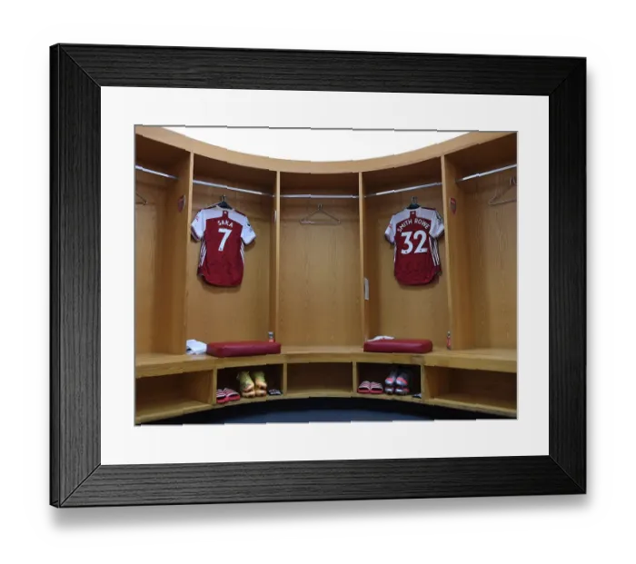 Framed Print : Arsenal Changing Room: Bukayo Saka and Emile Smith Rowe Gear Up for Arsenal vs. Brighton & Hove Albion (2021)