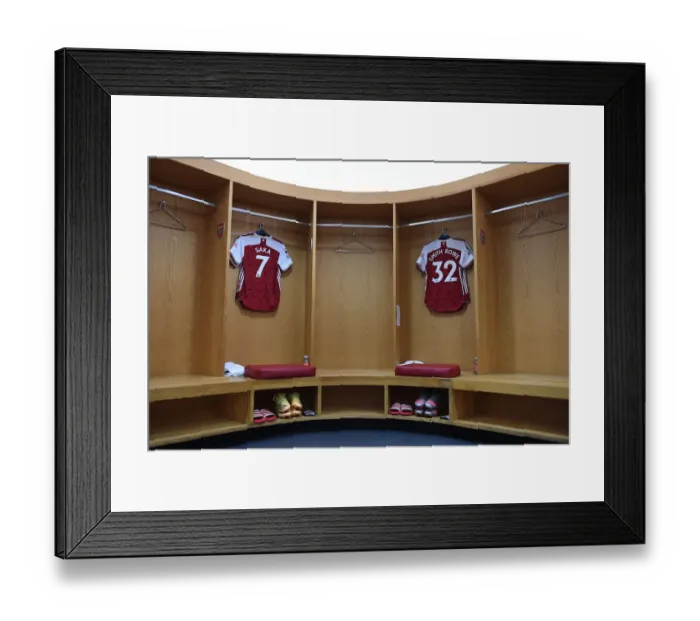 Framed Print : Arsenal Changing Room: Preparing for Battle - Bukayo Saka and Emile Smith Rowe Gear Up for Arsenal vs. Brighton & Hove Albion (2021)