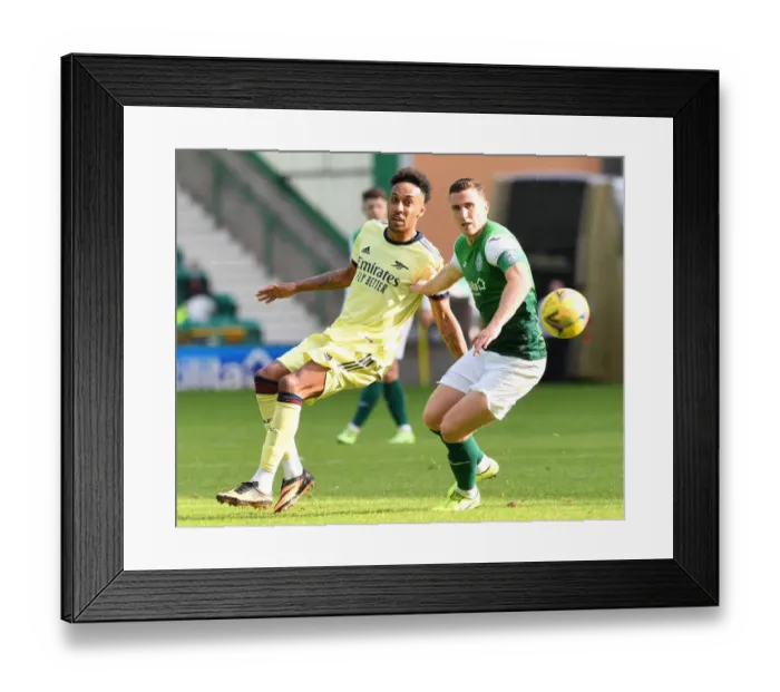 Framed Print : Arsenal's Aubameyang Scores Past Hibernian's Hanlon in 2021-22 Pre-Season Friendly Framed Print : Arsenal's Aubameyang Scores Past Hibernian's Hanlon in 2021-22 Pre-Season Friendly