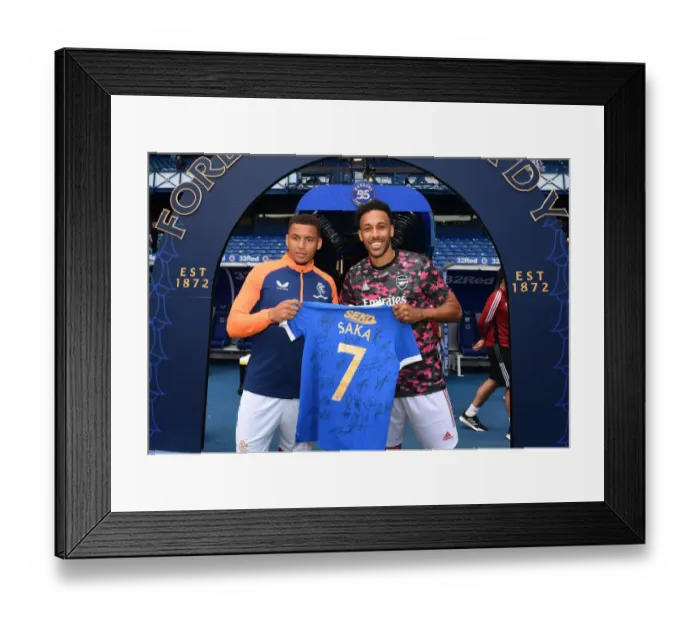 Framed Print : Rangers Welcome Arsenal: Aubameyang Honored with Saka Shirt by Tavernier