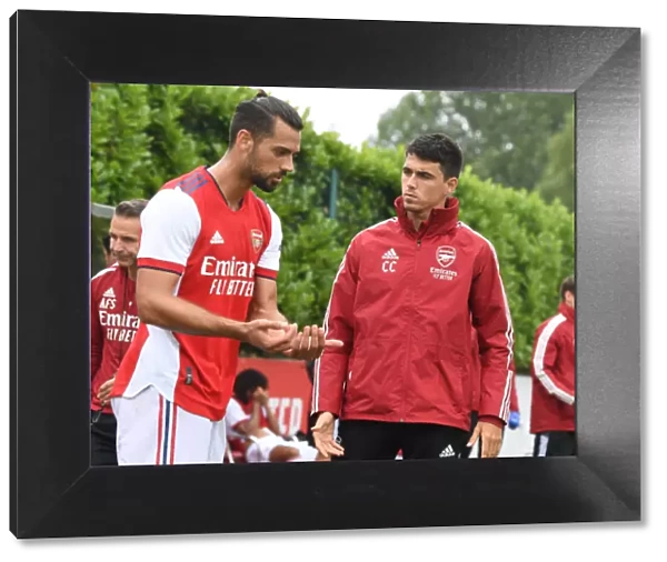 Arsenal Half-Time: Carlo Cuesta Speaks with Pablo Mari during Arsenal vs. Millwall Pre-Season Friendly