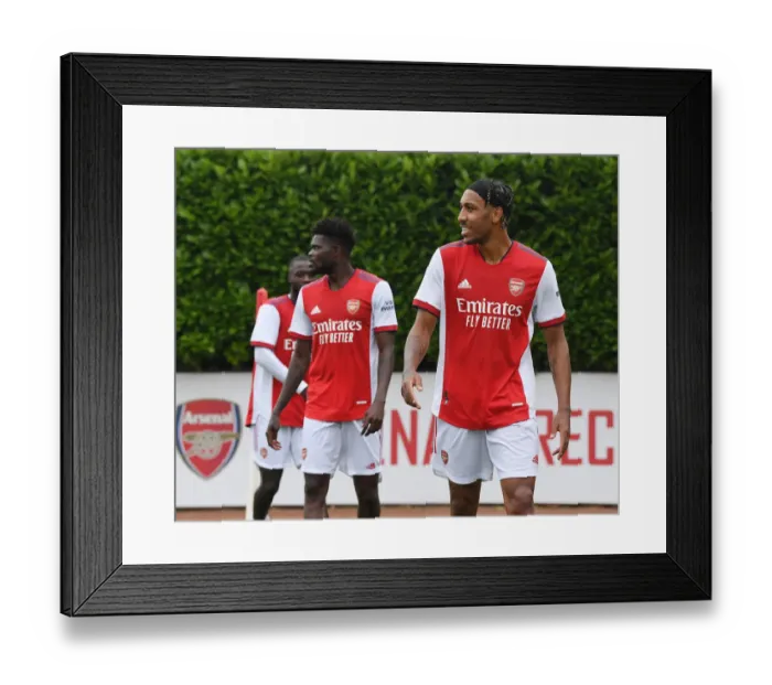 Framed Print : Arsenal Stars Partey and Aubameyang Post-Match: Arsenal v Millwall Pre-Season Friendly, 2021