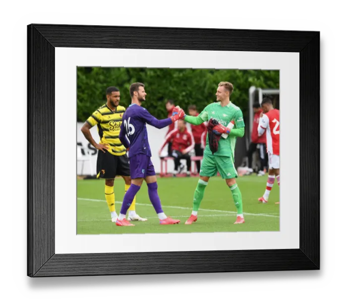 Framed Print : Arsenal's Bernd Leno Greets Watford's Daniel Bachmann Before Pre-Season Friendly Framed Print : Arsenal's Bernd Leno Greets Watford's Daniel Bachmann Before Pre-Season Friendly