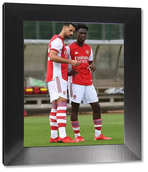 Arsenal Half-Time: Pablo Mari and Albert Sambi Lokonga in Deep Conversation during Arsenal v Watford Pre-Season Friendly