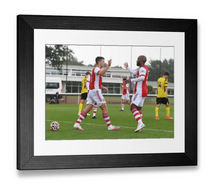Framed Print : Arsenal's Kieran Tierney and Alex Lacazette Celebrate Goal in Arsenal v Watford Pre-Season Friendly (2021-22)
