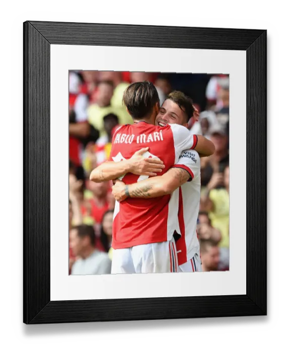 Framed Print : Xhaka and Mari in Jubilant Moment as They Celebrate Arsenal's Goal Against Chelsea Framed Print : Xhaka and Mari in Jubilant Moment as They Celebrate Arsenal's Goal Against Chelsea