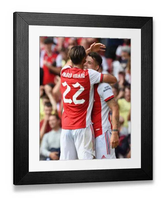 Framed Print : Arsenal's Xhaka and Mari Celebrate Goal: Pre-Season Victory Over Chelsea at Emirates Stadium