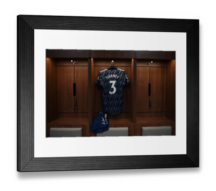 Framed Print : Arsenal's Kieran Tierney's Shirt in Brentford Changing Room - Brentford vs Arsenal, 2021-22 Premier League