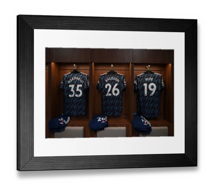 Framed Print : Arsenal Players Shirts in Brentford Changing Room - Premier League 2021-22 Framed Print : Arsenal Players Shirts in Brentford Changing Room - Premier League 2021-22