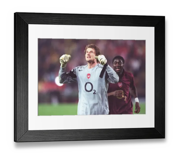 Framed Print : Arsenal goalkeeperJens Lehmann celebrates after match. Villarreal 0: 0 Arsenal Framed Print : Arsenal goalkeeperJens Lehmann celebrates after match. Villarreal 0: 0 Arsenal