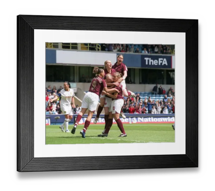 Framed Print : Julie Fleeting celebrates Arsenals 1st goal, an own goal by Leeds