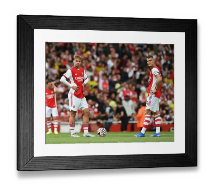 Framed Print : Arsenal's Smith Rowe and Xhaka in Action: A Battle at the Emirates - Arsenal vs. Chelsea, Premier League 2021-22