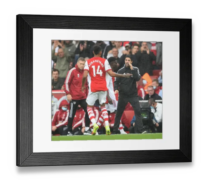 Framed Print : Arsenal's Mikel Arteta Discusses Substitution of Pierre-Emerick Aubameyang Against Chelsea (Arsenal v Chelsea 2021-22)