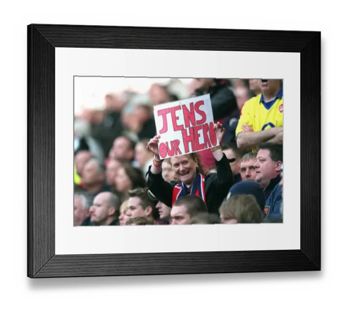 Framed Print : Arsenal fan with a sign for Jens Lehmann Framed Print : Arsenal fan with a sign for Jens Lehmann