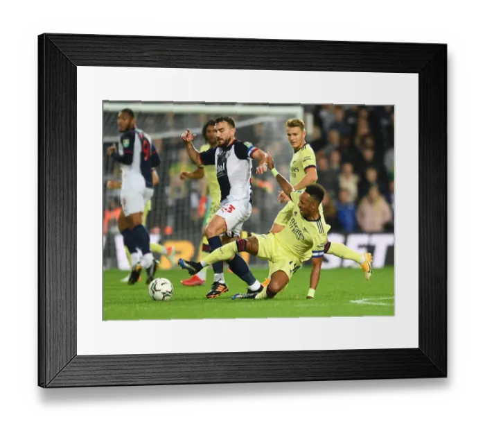 Framed Print : Aubameyang Tackles Snodgrass: West Bromwich Albion vs Arsenal in Carabao Cup Clash