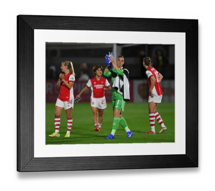Framed Print : Arsenal Women's UEFA Champions League Victory: Manuela Zinsberger Celebrates with Fans Framed Print : Arsenal Women's UEFA Champions League Victory: Manuela Zinsberger Celebrates with Fans