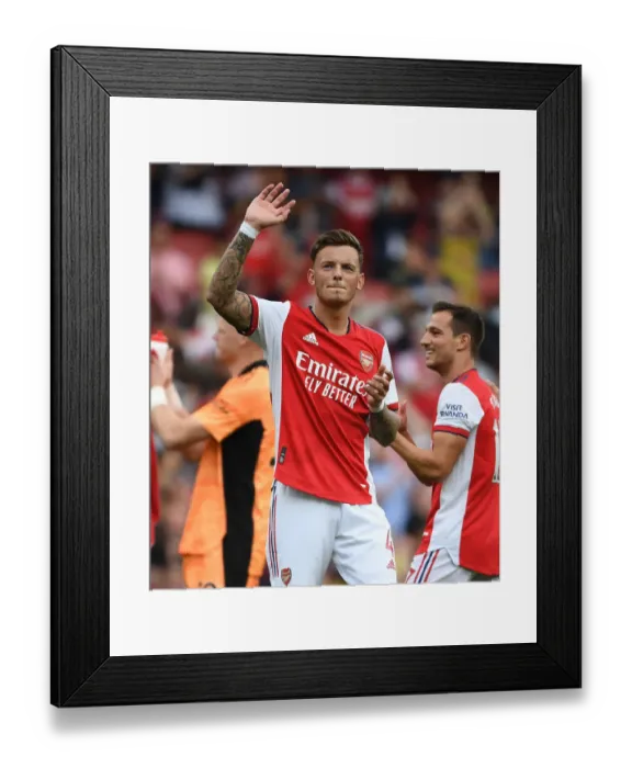 Framed Print : Arsenal's Ben White Celebrates with Fans after Victory over Norwich City