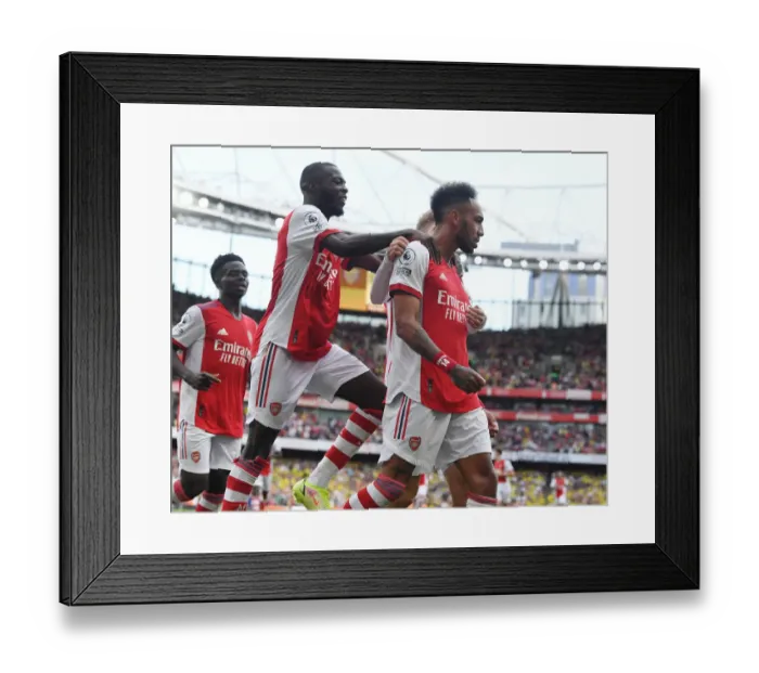Framed Print : Arsenal's Aubameyang and Pepe Celebrate Goal Against Norwich City (2021-22)