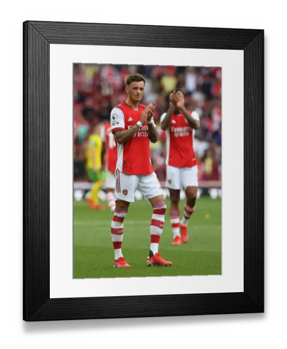 Framed Print : Arsenal's Ben White Celebrates with Fans: Triumph over Norwich City (2021-22) Framed Print : Arsenal's Ben White Celebrates with Fans: Triumph over Norwich City (2021-22)