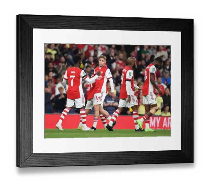 Framed Print : Arsenal's Smith Rowe and Saka Celebrate Goals Against AFC Wimbledon in Carabao Cup