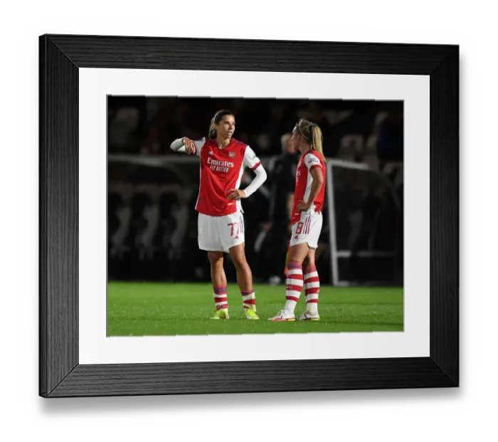 Framed Print : Intense Conversation: Tobin Heath and Jordan Nobbs Discuss Strategy During Arsenal Women's FA Cup Quarterfinals vs. Tottenham Hotspur Women