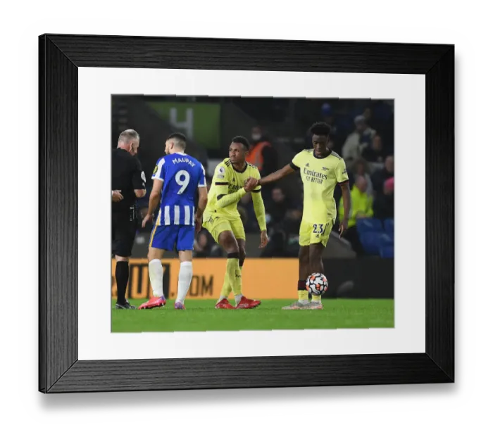 Framed Print : Gabriel and Sambi of Arsenal in Action against Brighton & Hove Albion (2021-22) Framed Print : Gabriel and Sambi of Arsenal in Action against Brighton & Hove Albion (2021-22)