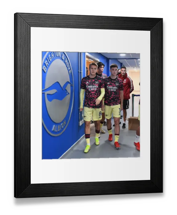 Framed Print : Arsenal Players Kieran Tierney and Martin Odegaard Warm Up Ahead of Brighton & Hove Albion Clash