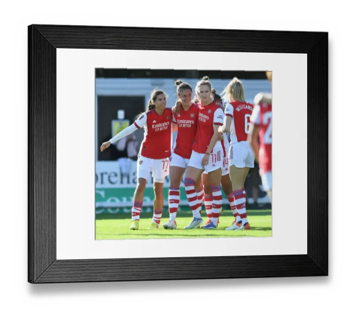 Framed Print : Arsenal Women's Super League Victory: Lotte Wubben-Moy Scores Second Goal Amidst Celebrations with Tobin Heath and Vivianne Miedema