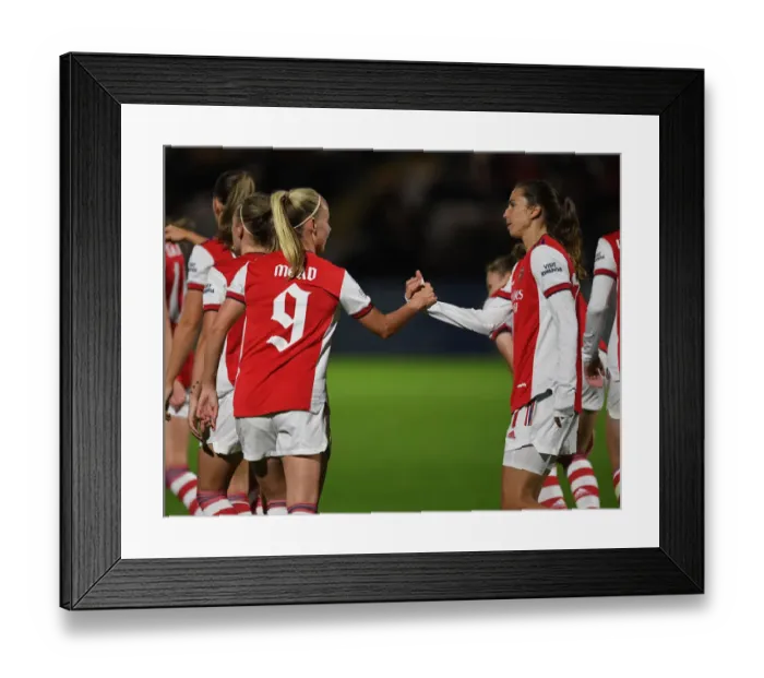 Framed Print : BOREHAMWOOD, ENGLAND - OCTOBER 14: Beth Mead congratulates Tobin Heath after the 3rd Arsenal goal during the UEFA Framed Print : BOREHAMWOOD, ENGLAND - OCTOBER 14: Beth Mead congratulates Tobin Heath after the 3rd Arsenal goal during the UEFA