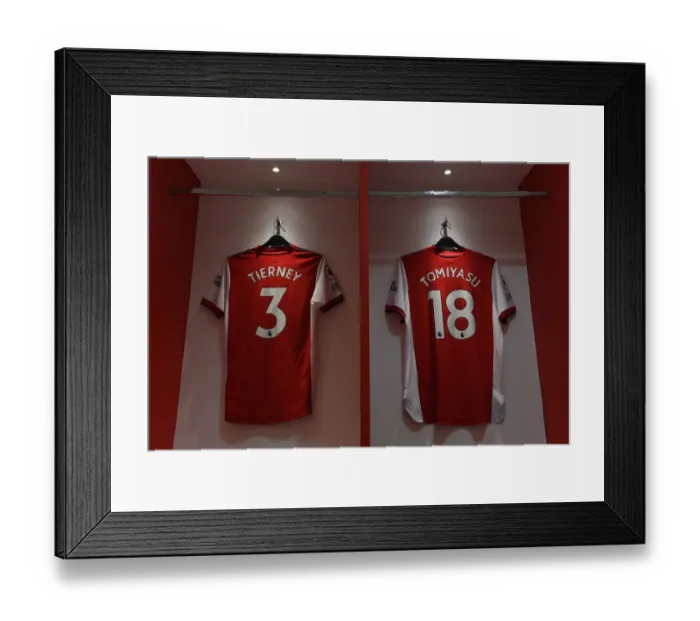 Framed Print : Arsenal Changing Room: Tierney and Tomiyasu Shirts Before Arsenal vs Crystal Palace (2021-22)