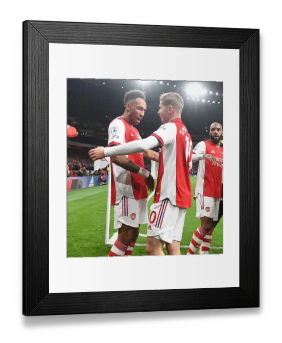Framed Print : Arsenal's Smith Rowe and Aubameyang Celebrate Goals Against Aston Villa in 2021-22 Premier League
