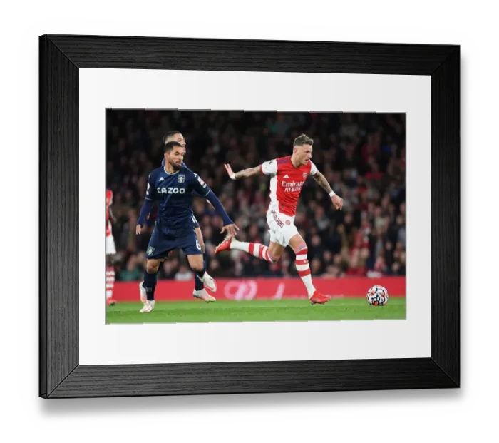 Framed Print : Arsenal's Ben White Overpowers Douglas Luiz: A Premier League Showdown at Emirates Stadium Framed Print : Arsenal's Ben White Overpowers Douglas Luiz: A Premier League Showdown at Emirates Stadium