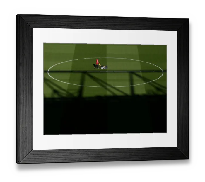 Framed Print : Arsenal: Pre-Match Groundskeeping at Emirates Stadium - Battle Ready for Arsenal v Aston Villa (2021-22)