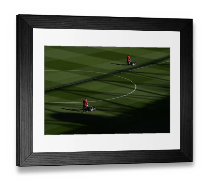 Framed Print : Arsenal: Pre-Match Groundskeeping at Emirates Stadium - Battle Ready for Arsenal v Aston Villa (2021-22)